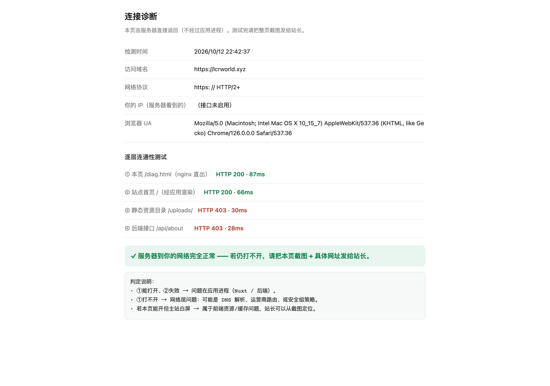 连接诊断页 /diag.html:逐层检测网络与站点状态并自动给出结论